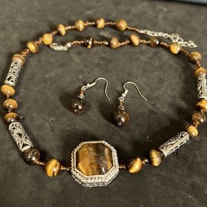 Women costume Jewelry Tiger Eye Beaded Necklace and earrings